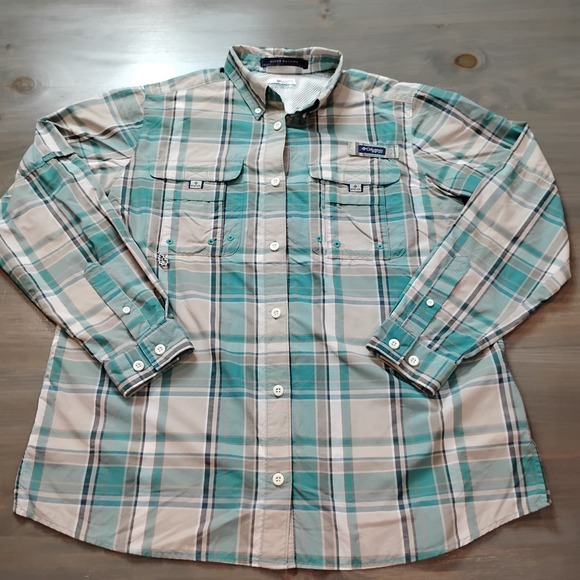 Columbia PFG Shirt Mens L Green Tan Plaid Super Bahama Omni Shade Long Sleeve - Picture 2 of 13
